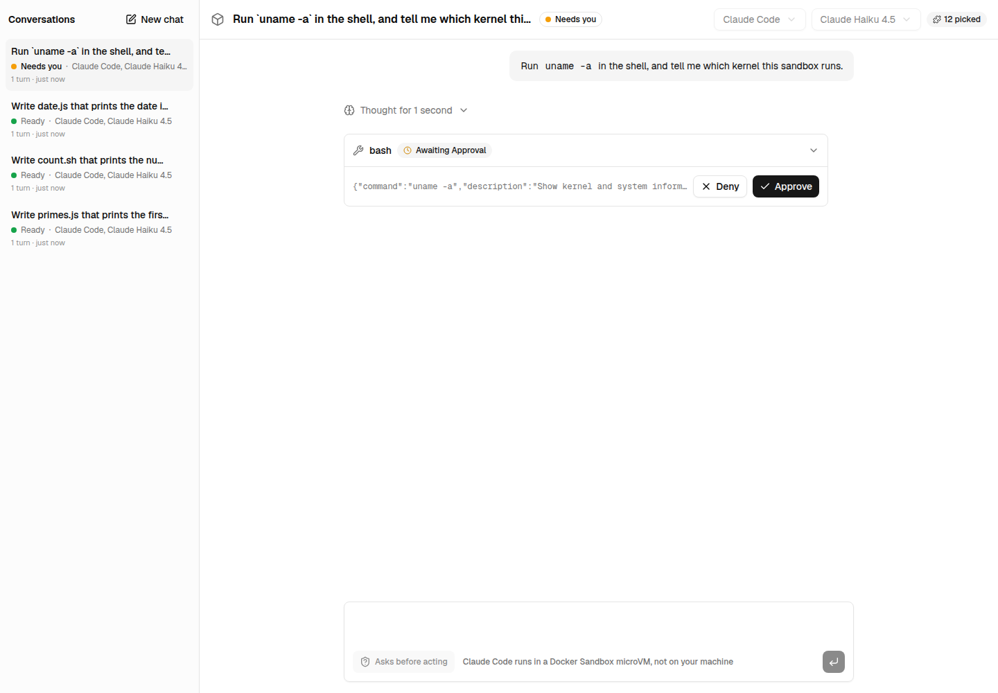 The Next.js example waiting for the approval of a shell command, the conversation marked "Needs you"