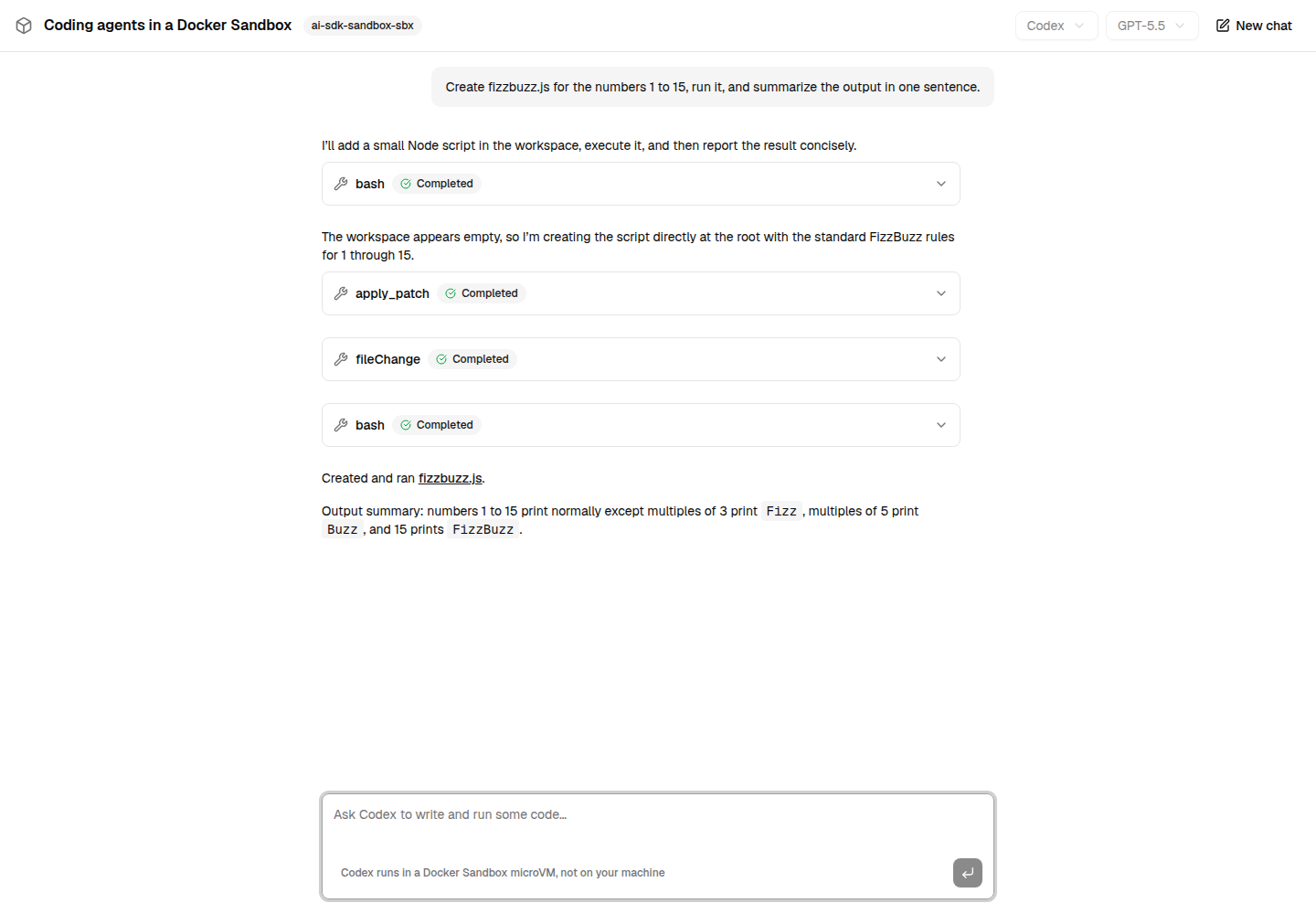 Codex answering in the example, after editing and running a file in the sandbox