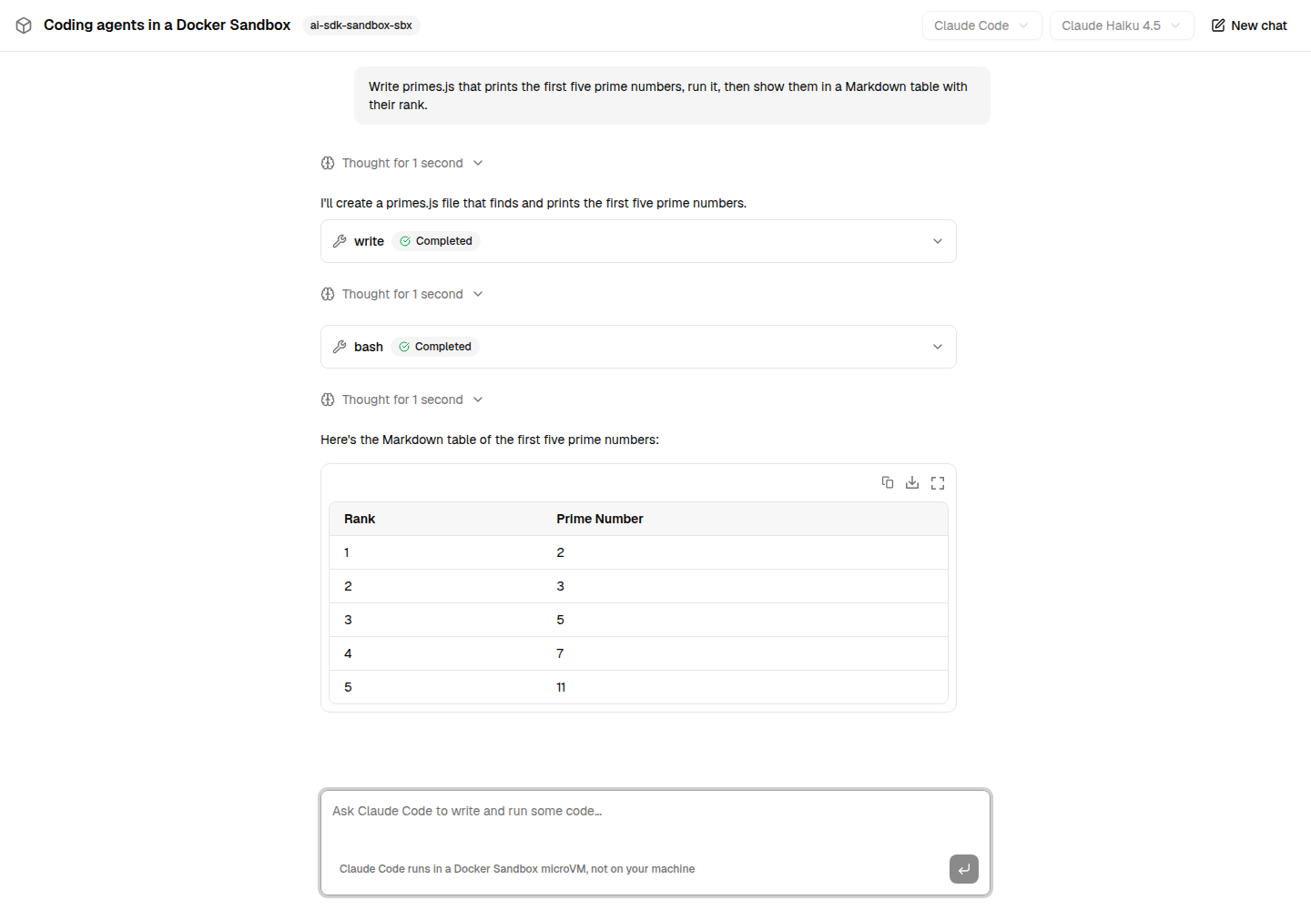 Claude Code answering in the example: the script it wrote and ran in the sandbox, then a Markdown table