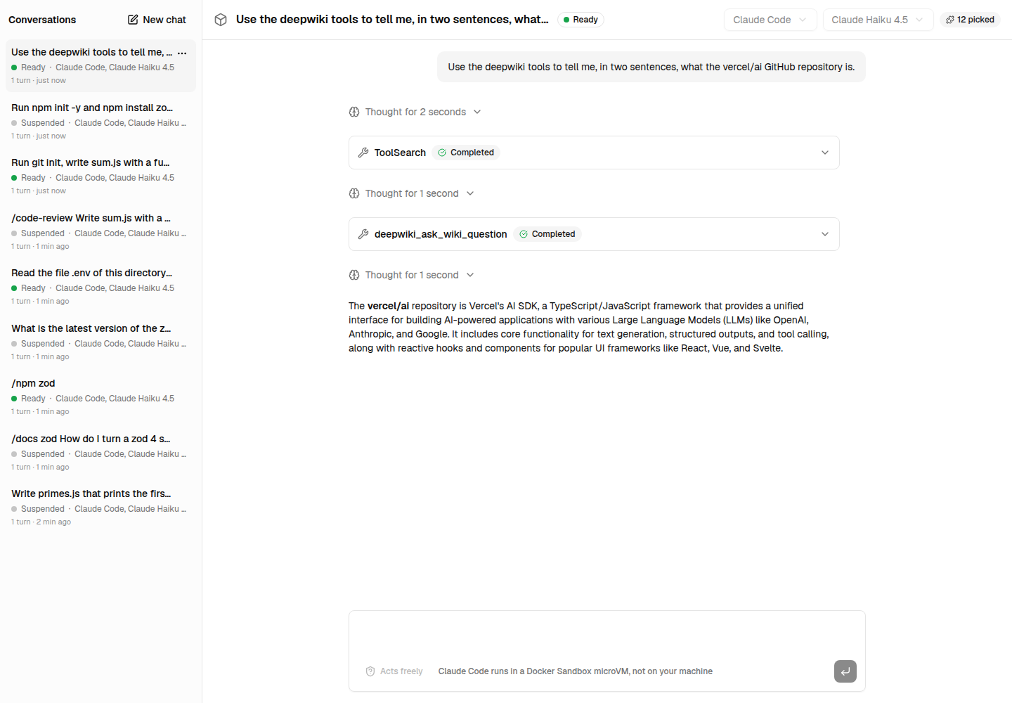 The agent asks DeepWiki about vercel/ai, with the tool your server connected: deepwiki_ask_wiki_question.