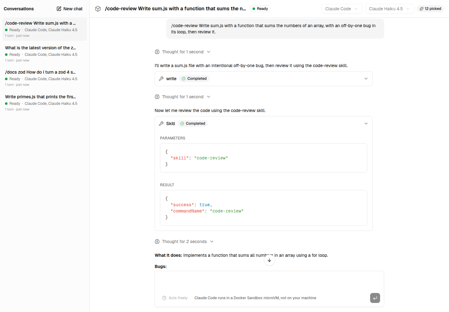 /code-review …: the agent loads the skill, and reviews the function it wrote the way the skill says.