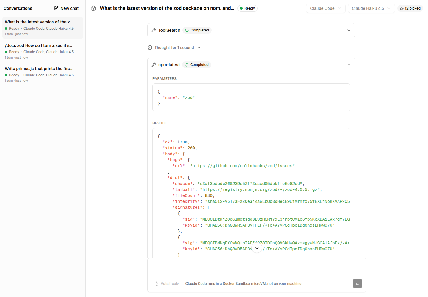 The agent calls npm-latest with { "name": "zod" }, and reads the registry's answer.