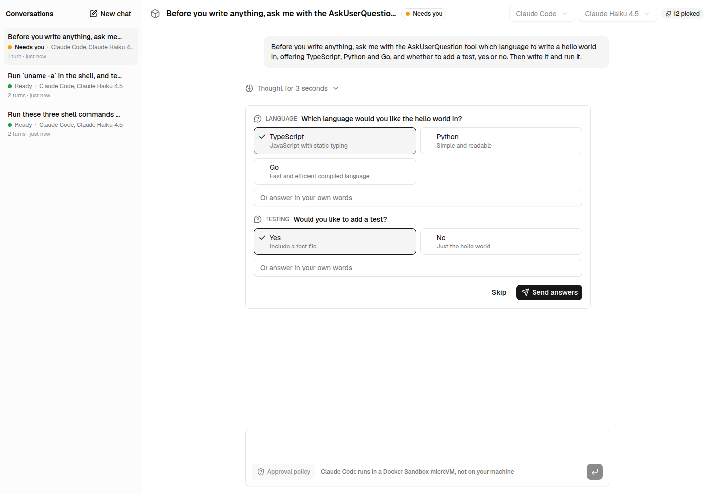 The agent's questions, answered from a form