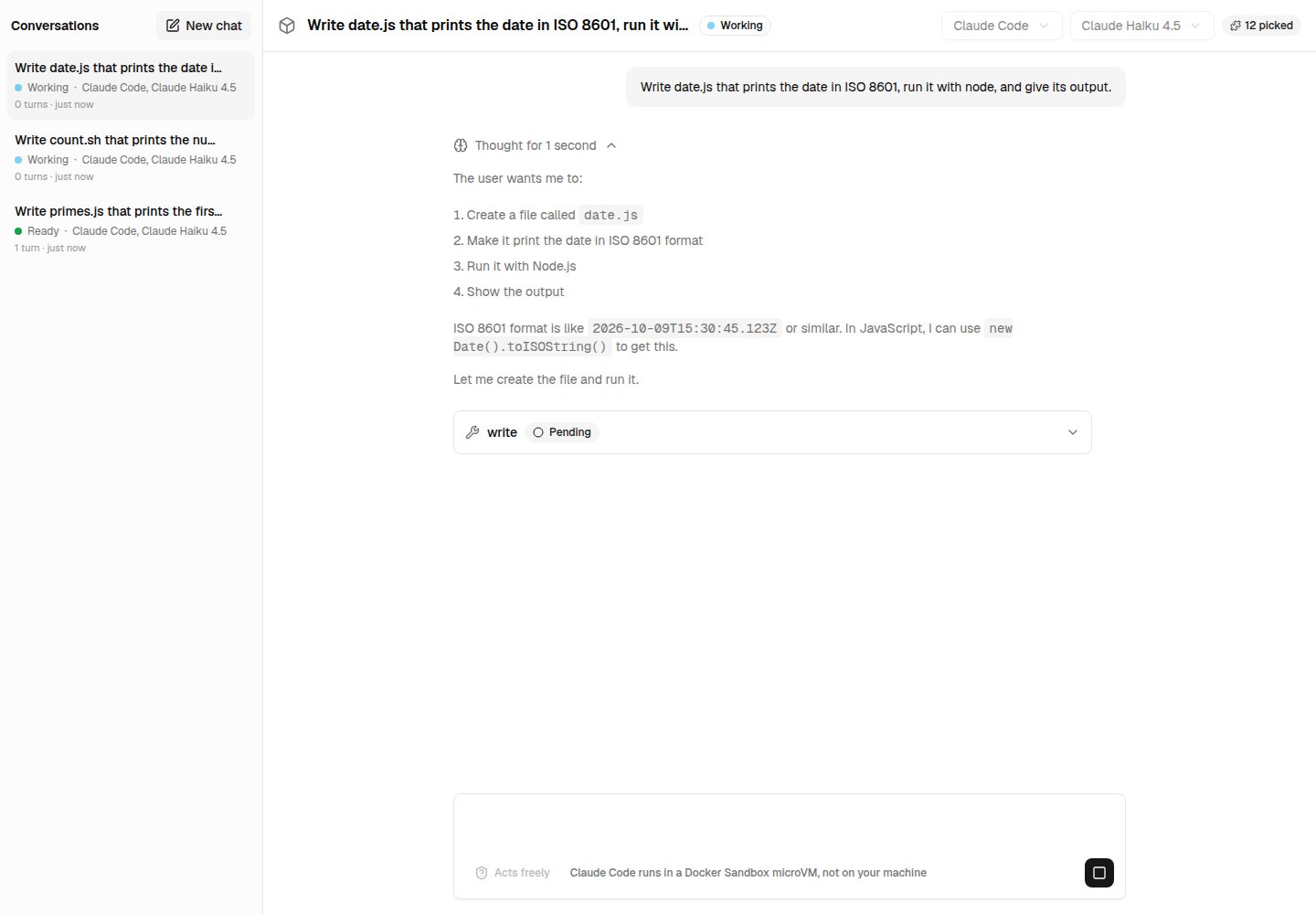 Two conversations of the Next.js example working at once in one Docker Sandbox, the others ready or suspended