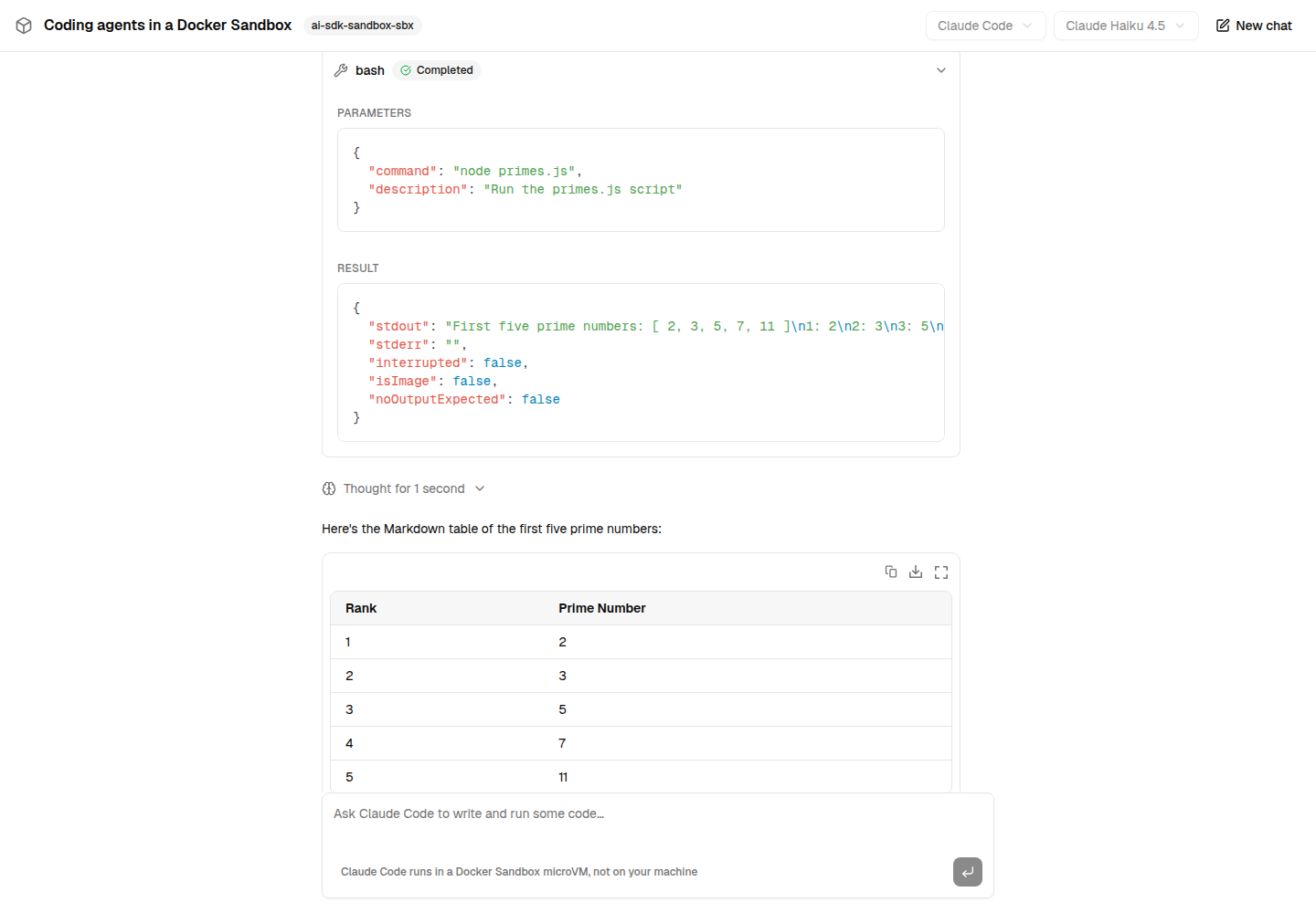 A bash tool call of the agent, with the command it ran and its output