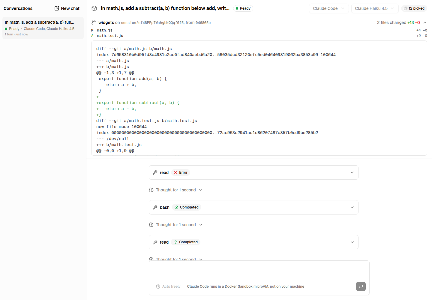 A conversation of the Next.js example on a repository: the files its agent changed in its checkout, and the patch